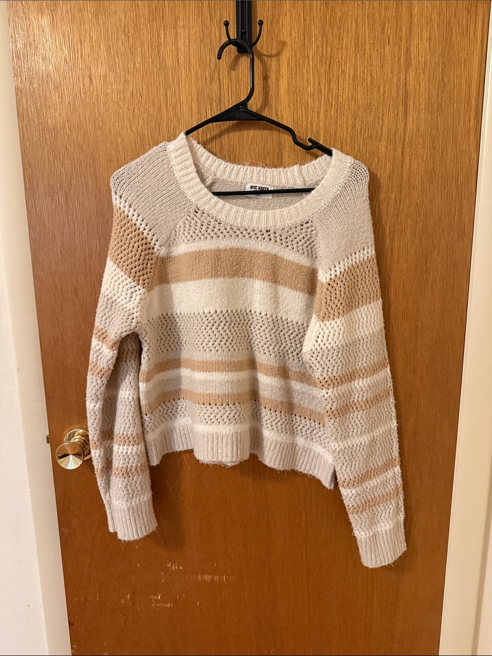 Striped Open-Knit Crewneck Sweater - Cream & Tan